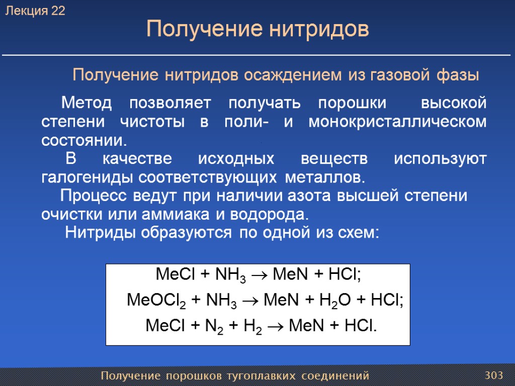 Получение порошков тугоплавких соединений 303 Получение нитридов Получение нитридов осаждением из газовой фазы Метод